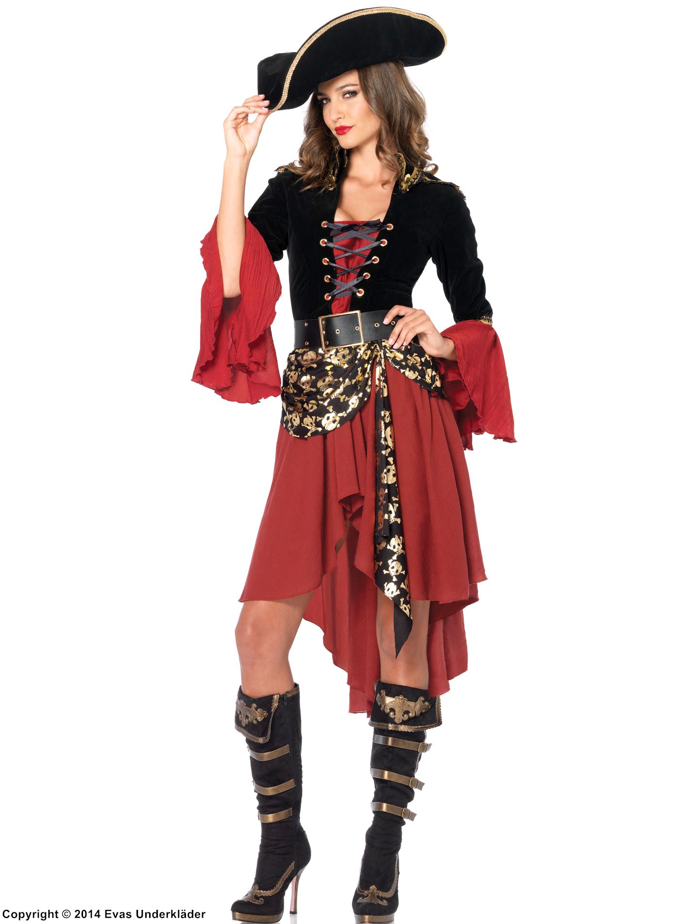 Female pirate captain, costume dress, lacing, velvet, epaulette, skulls
